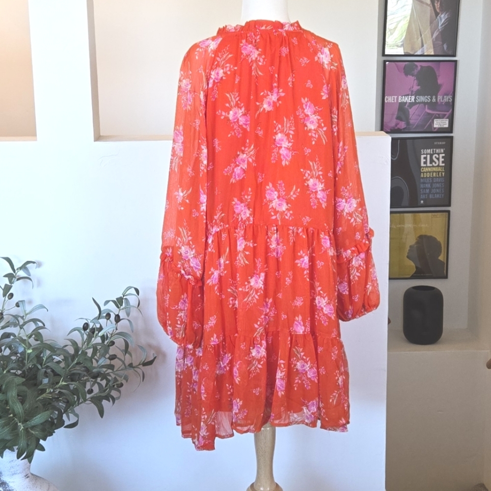 VINCE CAMUTO Orange Floral Georgette Longsleeve Lined Dress XXL Summer Casual - Picture 8 of 9